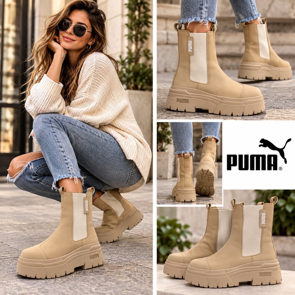 NWT PUMA Mayze Stack Platform Chelsea Boots Sz 10.5 Tan Beige Chunky Lug Sole